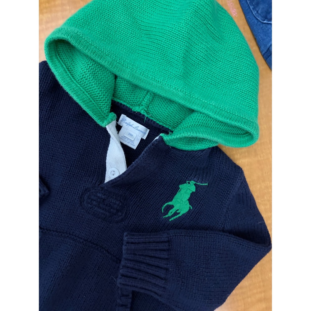Ralph Lauren Toddler Boys Navy Blue Green Big Pony Knit Hoodie Sweater 24M
